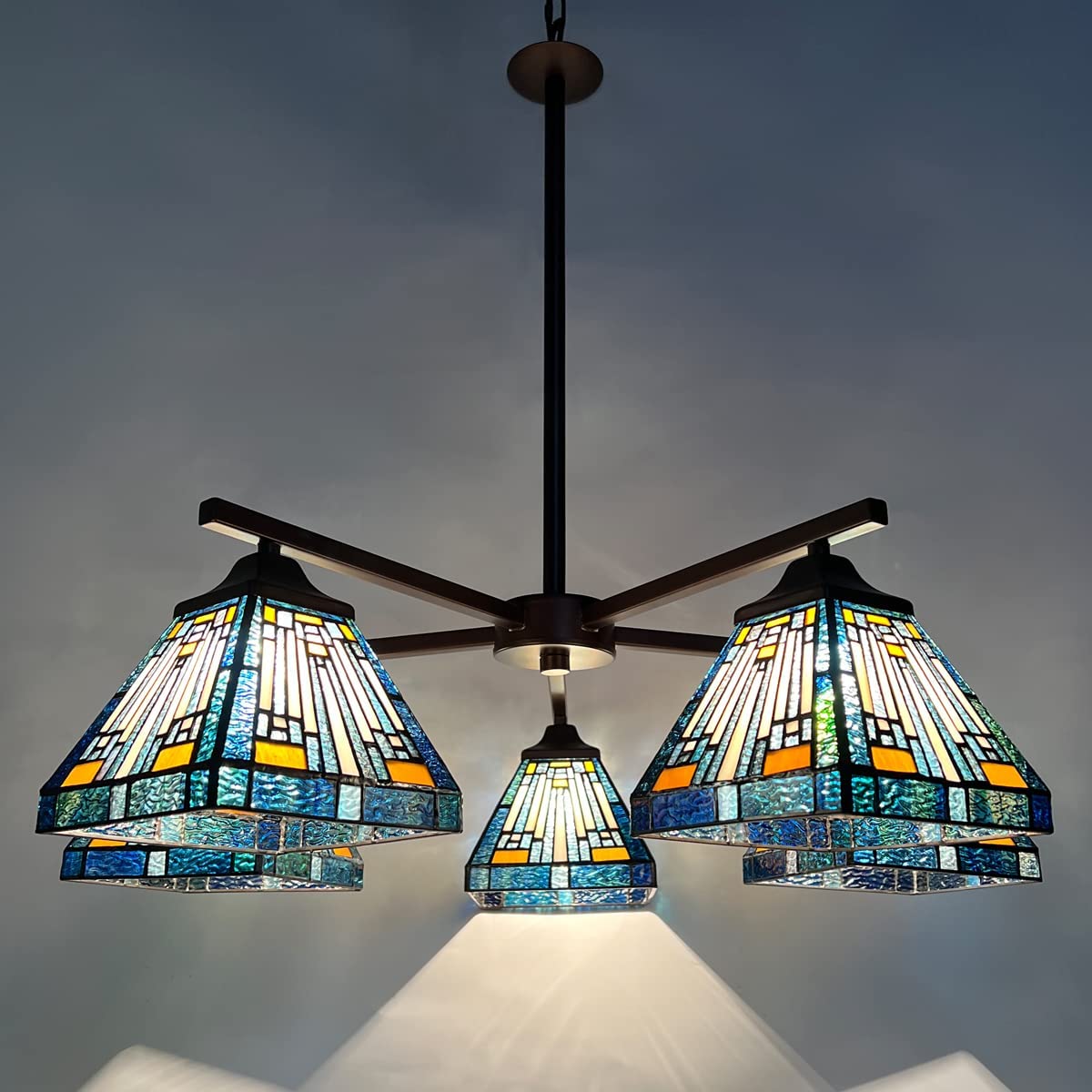 ARTZONE Tiffany Pendant Light Fixture[5 Lights][32''Wide*Adjustable Height] Antique Stained Glass Hanging Chandelier Tiffany Pendant Light for Kitchen Island Dining Room(Amber Blue)
