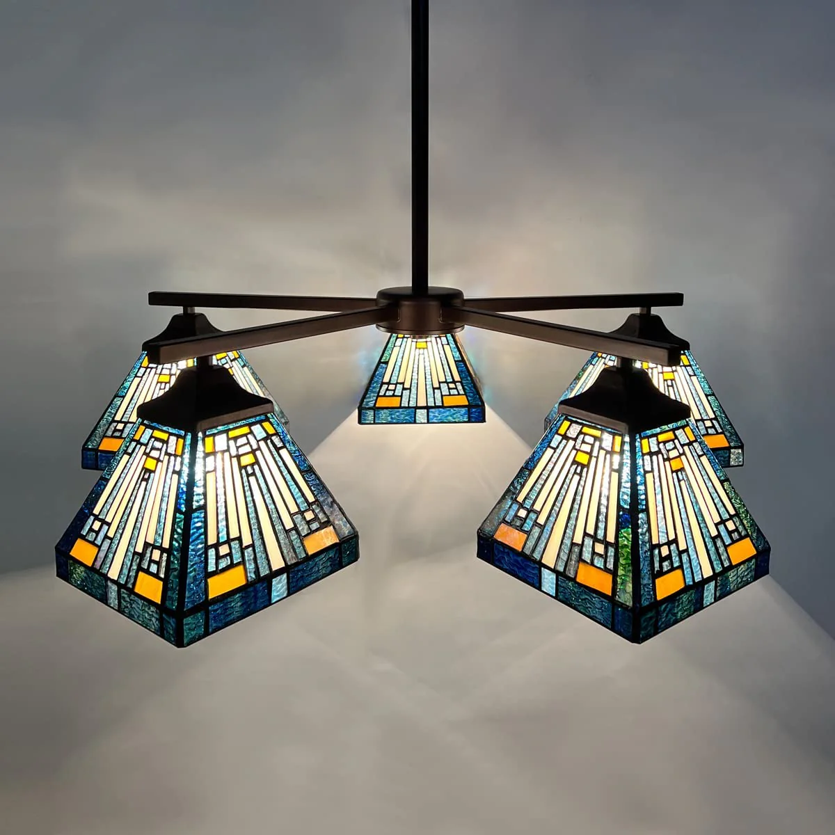 ARTZONE Tiffany Pendant Light Fixture[5 Lights][32''Wide*Adjustable Height] Antique Stained Glass Hanging Chandelier Tiffany Pendant Light for Kitchen Island Dining Room(Amber Blue) - Image 2