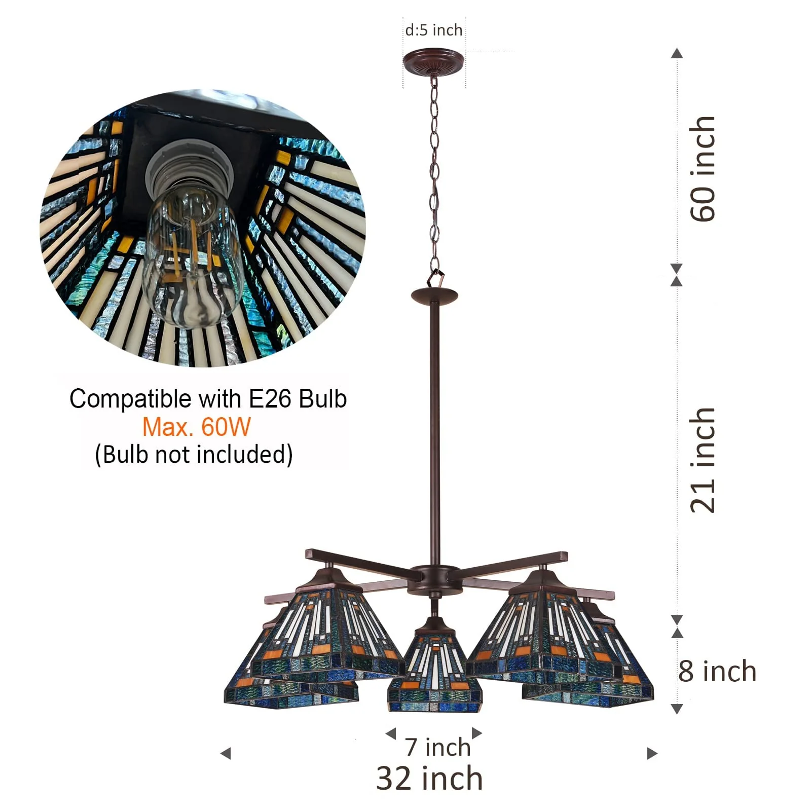 ARTZONE Tiffany Pendant Light Fixture[5 Lights][32''Wide*Adjustable Height] Antique Stained Glass Hanging Chandelier Tiffany Pendant Light for Kitchen Island Dining Room(Amber Blue) - Image 4