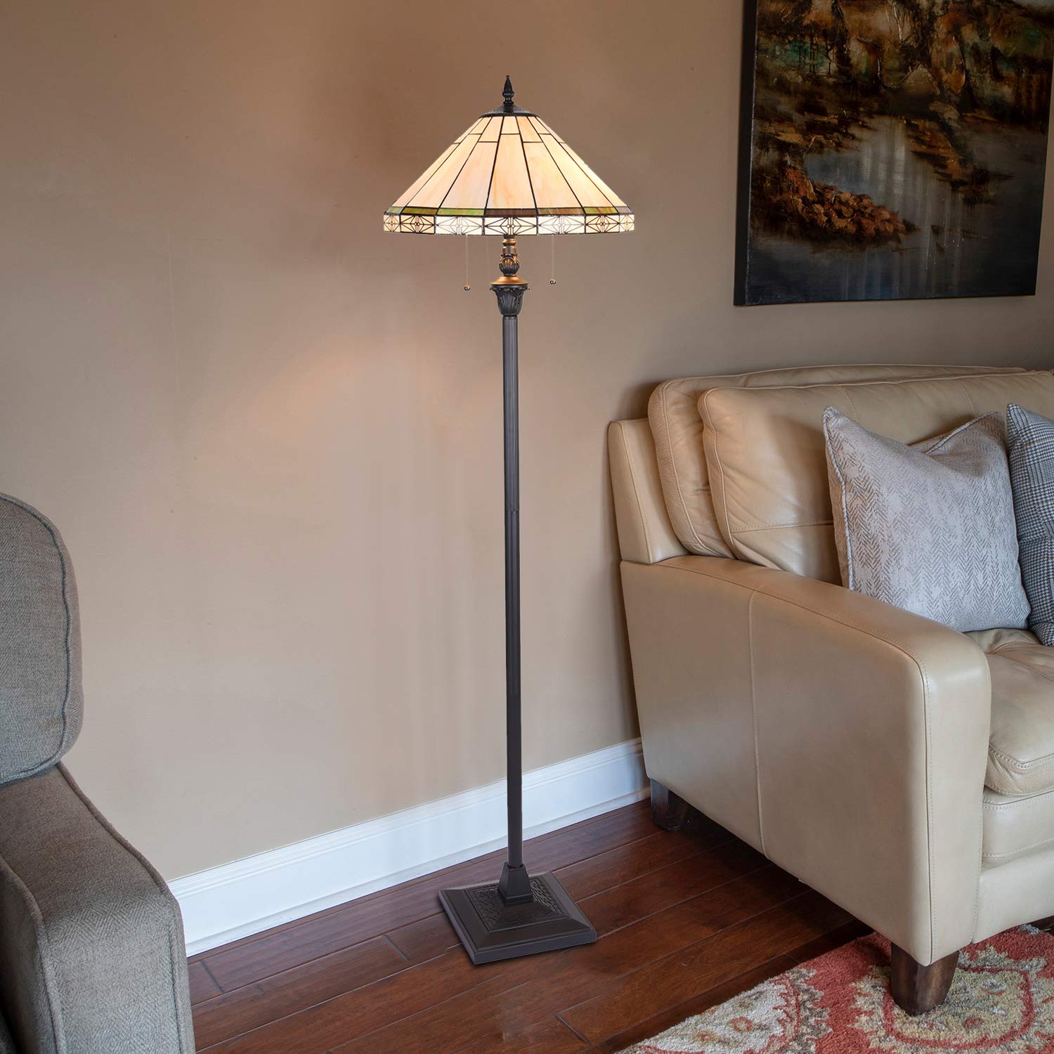 Capulina Tiffany Floor Lamp 2-Light 18 Inches Wide Blackish Bronze Pole Cream Stained Glass Standing Reading Light for Living Room Bedroom Office Home - Image 2