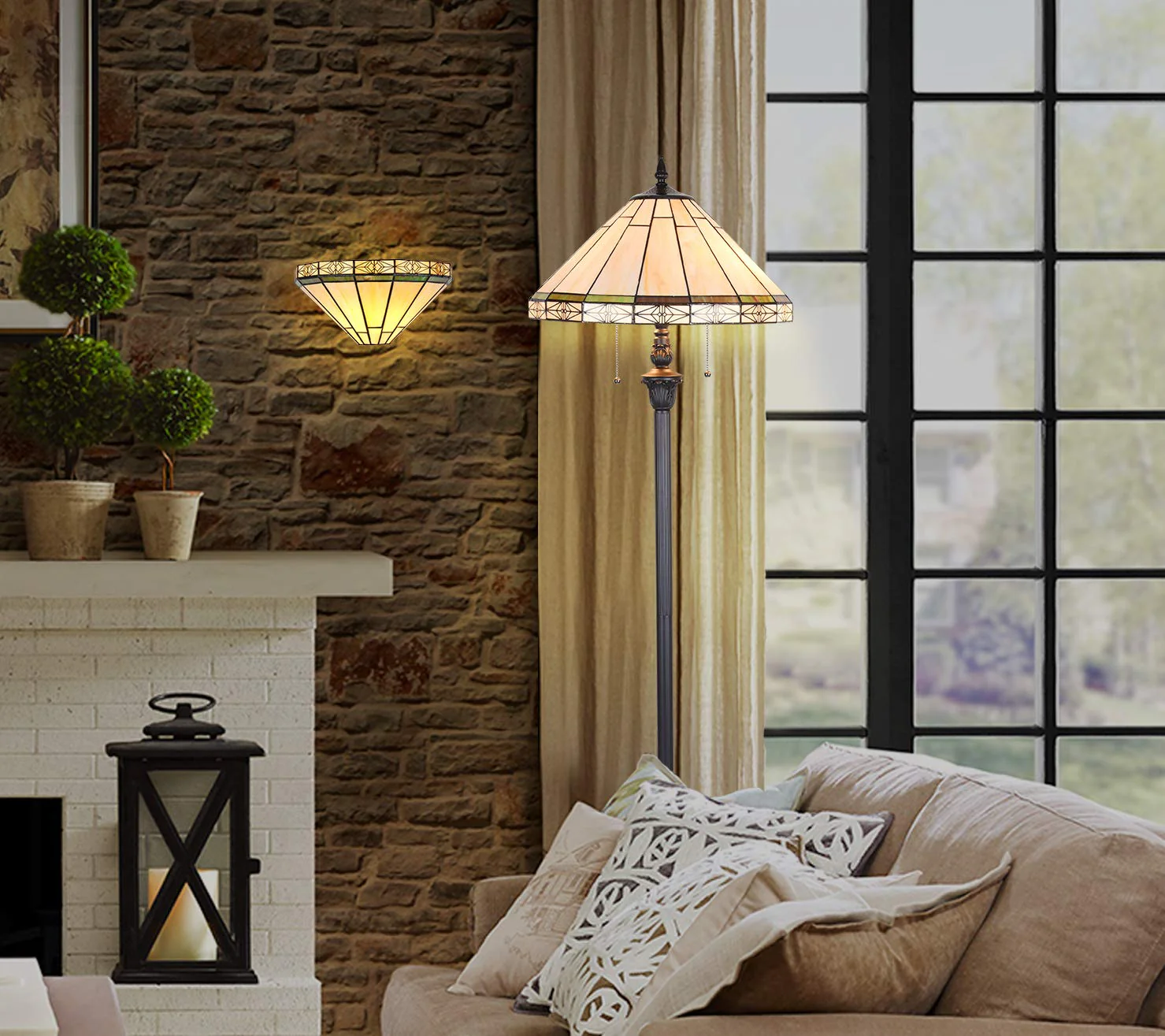 Capulina Tiffany Floor Lamp 2-Light 18 Inches Wide Blackish Bronze Pole Cream Stained Glass Standing Reading Light for Living Room Bedroom Office Home - Image 5