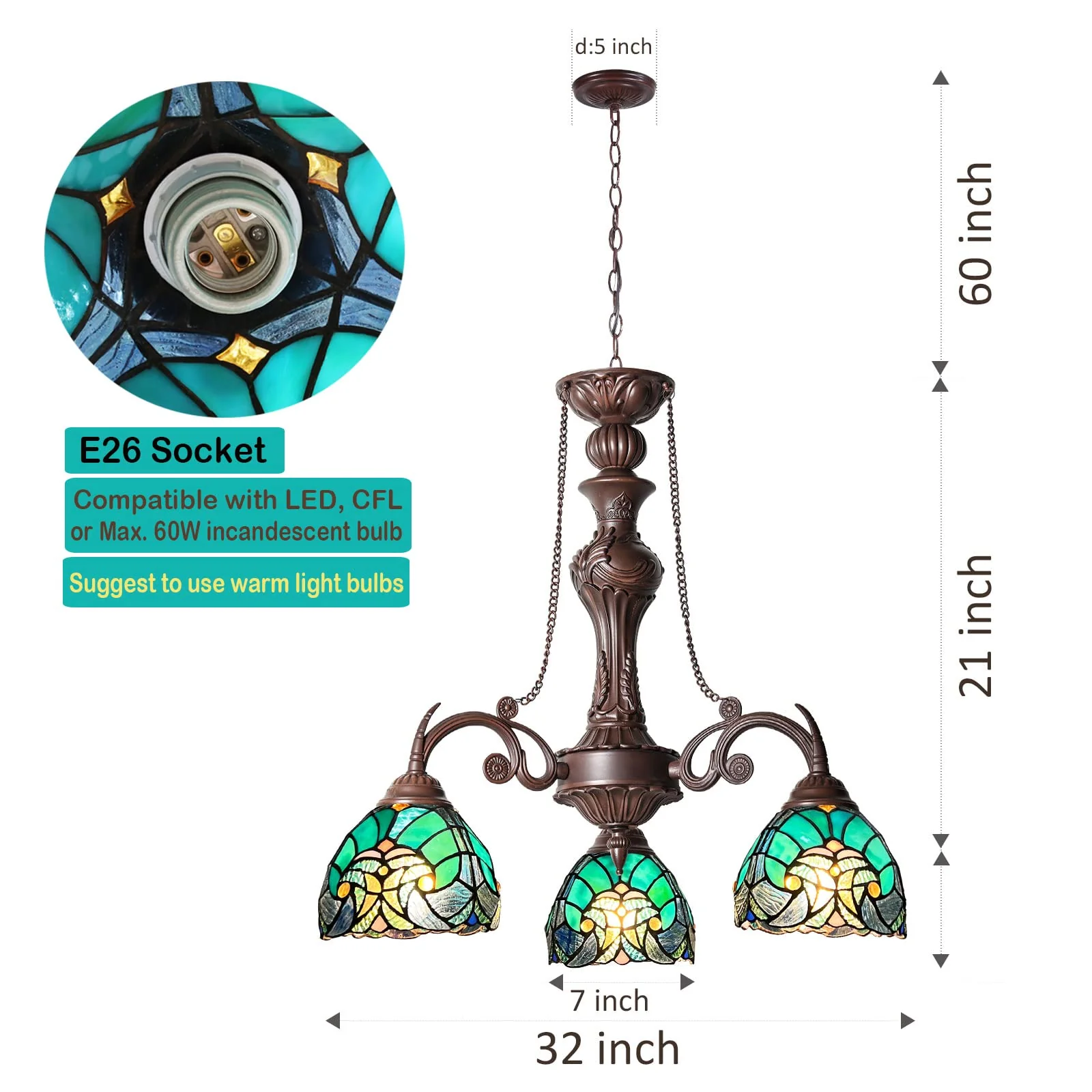 COTOSS Tiffany Chandelier for Dining Room 3 Lights Stained Glass Chandeliers Lighting Fixtures Antique Style Ceiling Hanging Lamp for Kitchen Dinning Area Sitting Room Foyer - Image 6