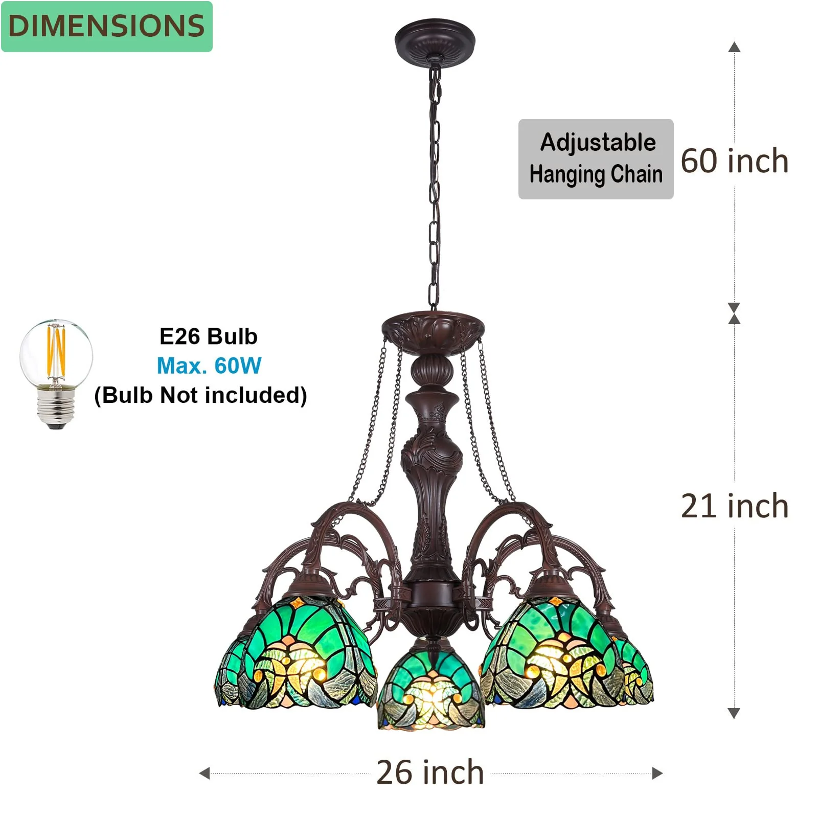 COTOSS Tiffany Chandelier for Dining Room 5 Lights Stained Glass Chandeliers Lighting Fixtures Antique Style Ceiling Hanging Lamp for Kitchen Living Room Lobby - Image 5