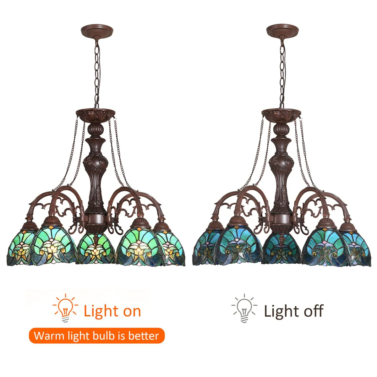 COTOSS Tiffany Chandelier for Dining Room 5 Lights Stained Glass Chandeliers Lighting Fixtures Antique Style Ceiling Hanging Lamp for Kitchen Living Room Lobby - Image 6