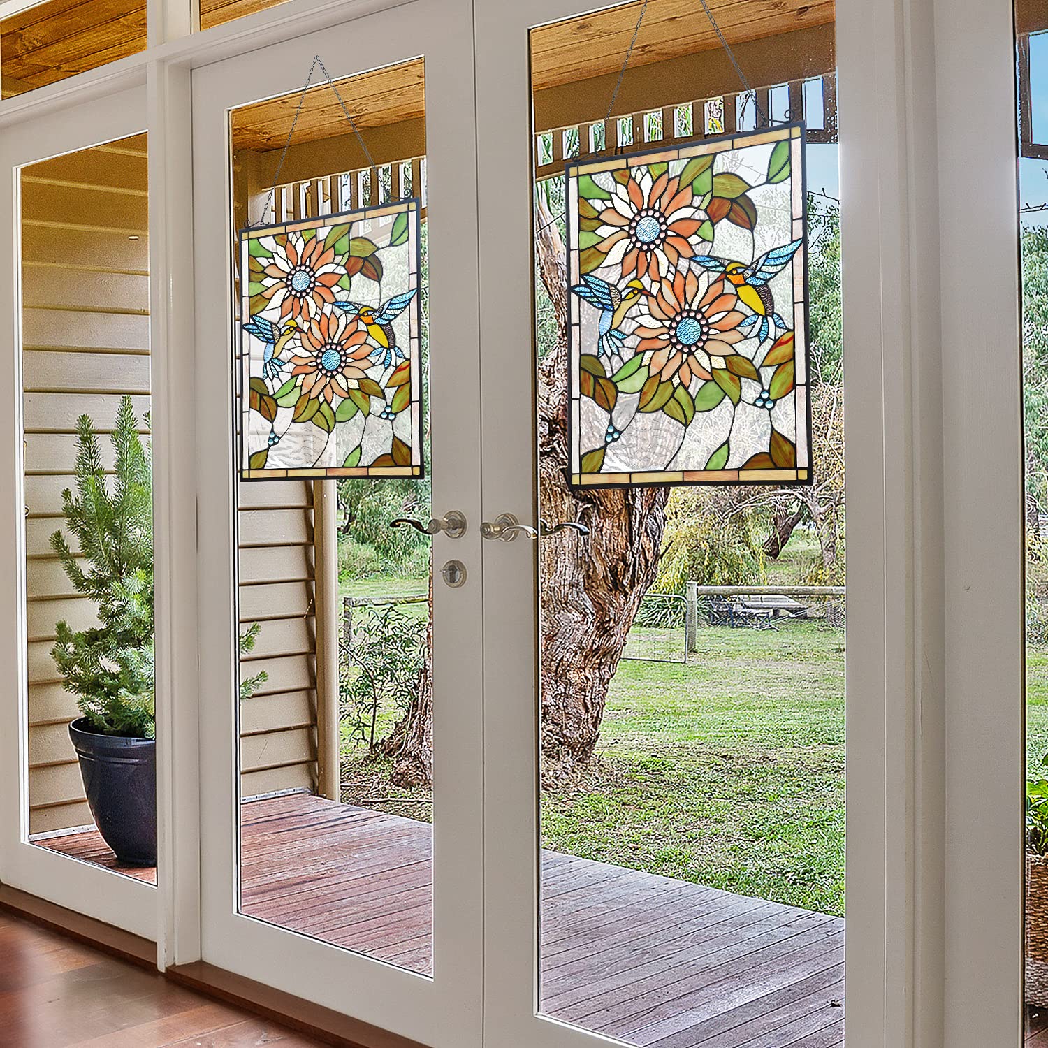 Capulina Sunflower Humming Bird Rectangle Stained Glass Window Tiffany Glass - Image 3