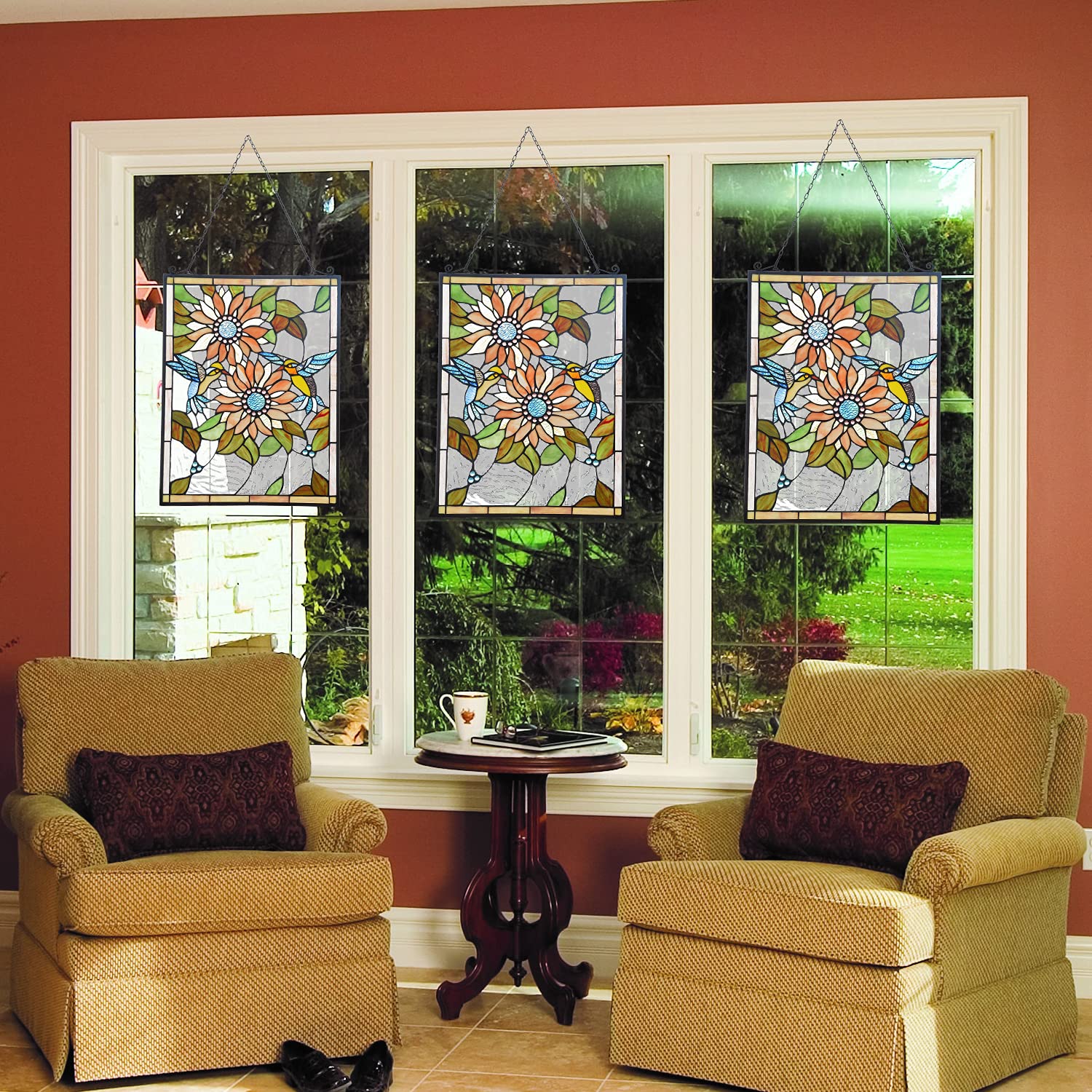 Capulina Sunflower Humming Bird Rectangle Stained Glass Window Tiffany Glass - Image 5