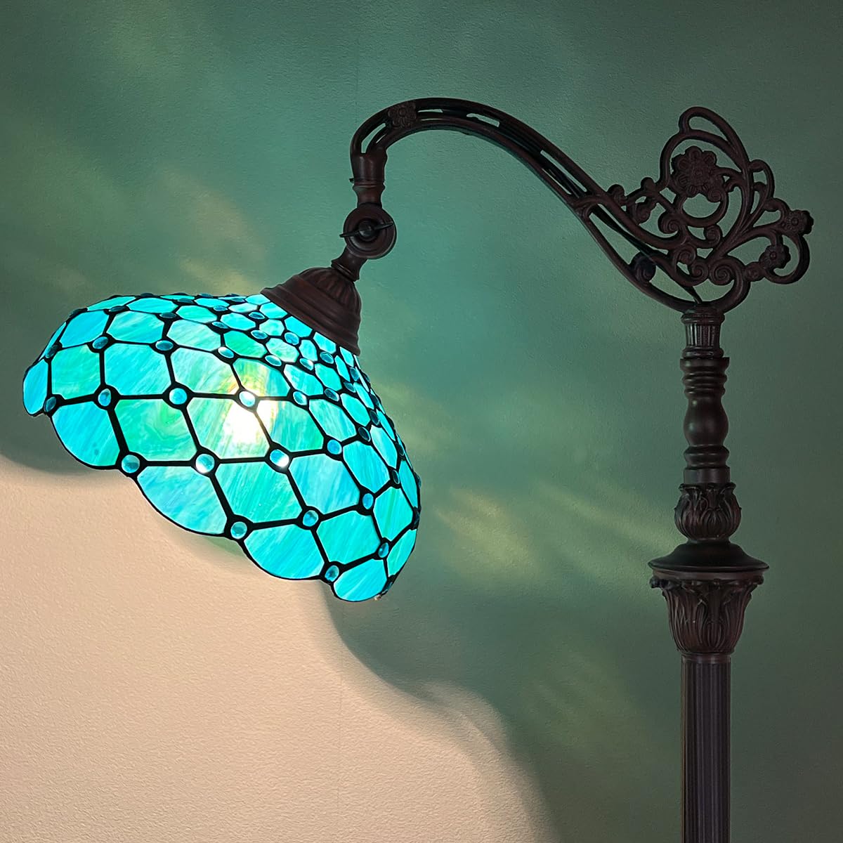 Thatyears Tiffany Floor Lamp Seagrass Blue Beads Style Stained Glass Gooseneck Arched Adjustable Corner Standing Reading Light Decor Bedroom Living Room Home Office