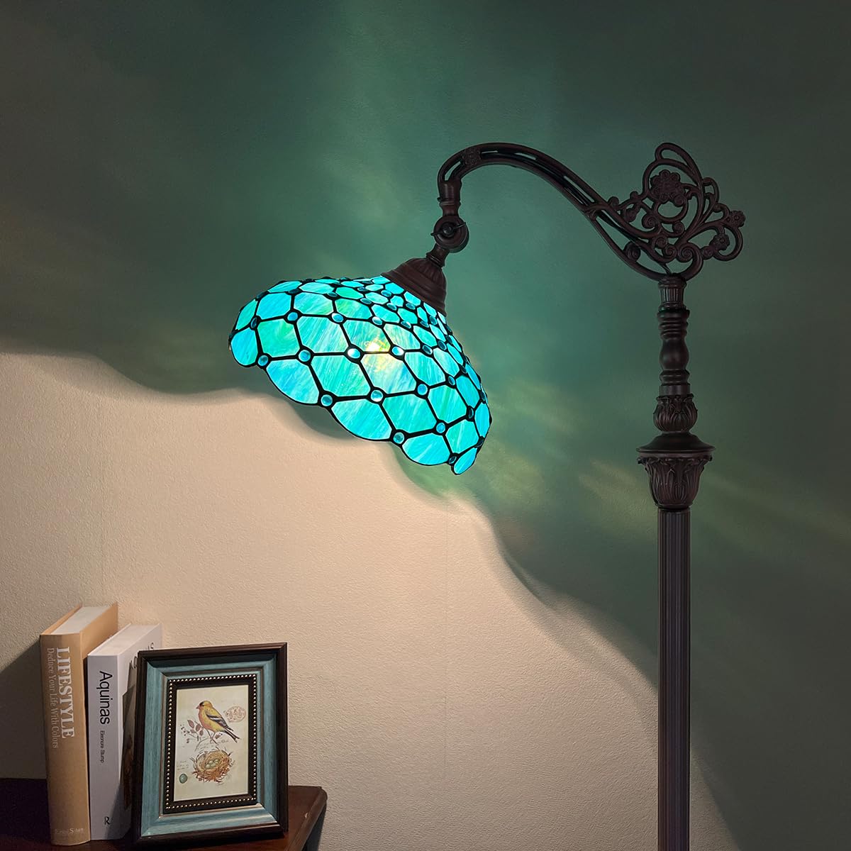 Thatyears Tiffany Floor Lamp Seagrass Blue Beads Style Stained Glass Gooseneck Arched Adjustable Corner Standing Reading Light Decor Bedroom Living Room Home Office - Image 2