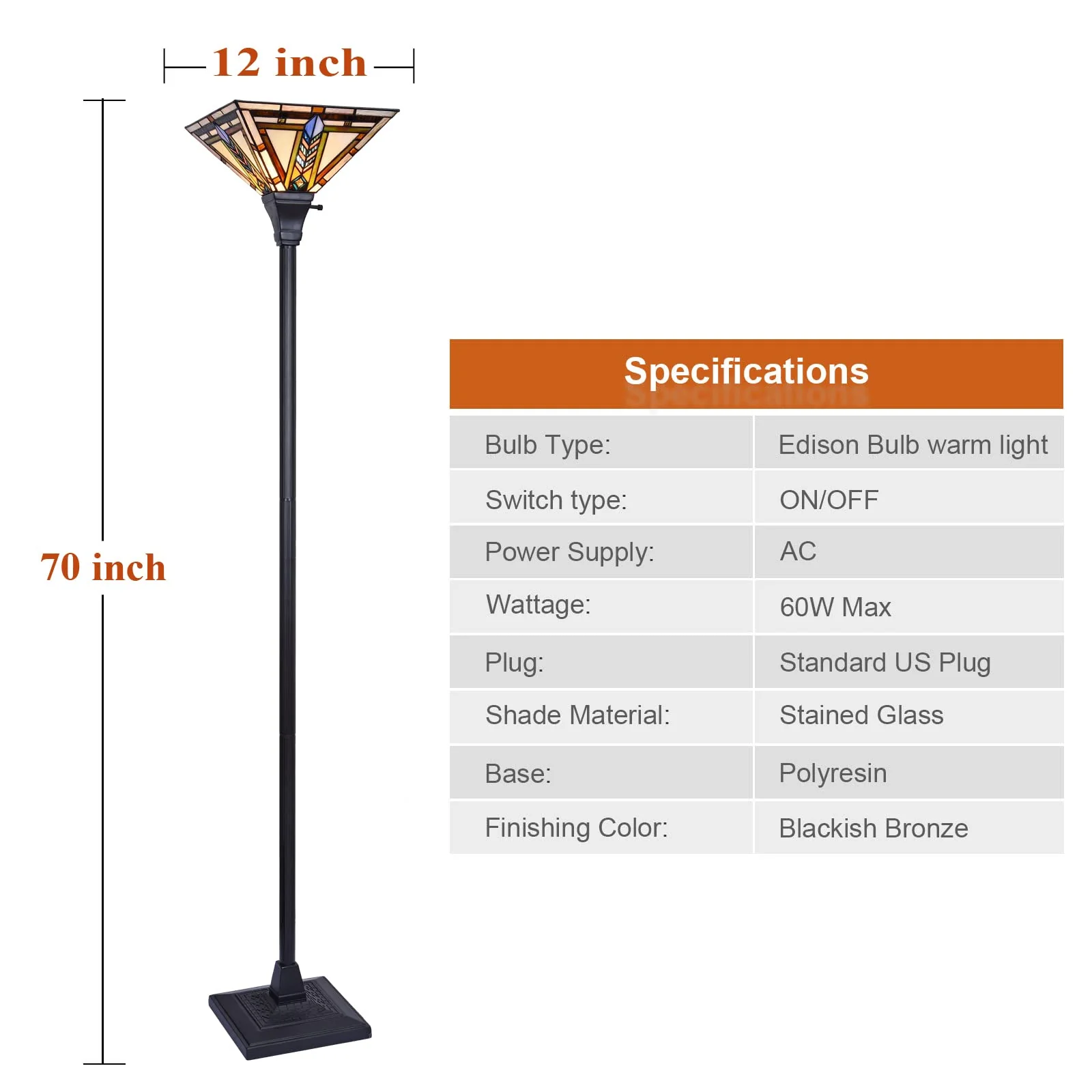 Thatyears Tiffany Torchiere Floor Lamps Firecracker Style Stained Glass 12X12X69 Inches Antique Pole Standing Uplight Lamps Decor Living Room Bedroom Home Office - Image 6